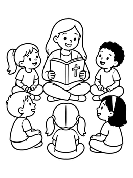 A teacher in a circle sharing coloring page for children.