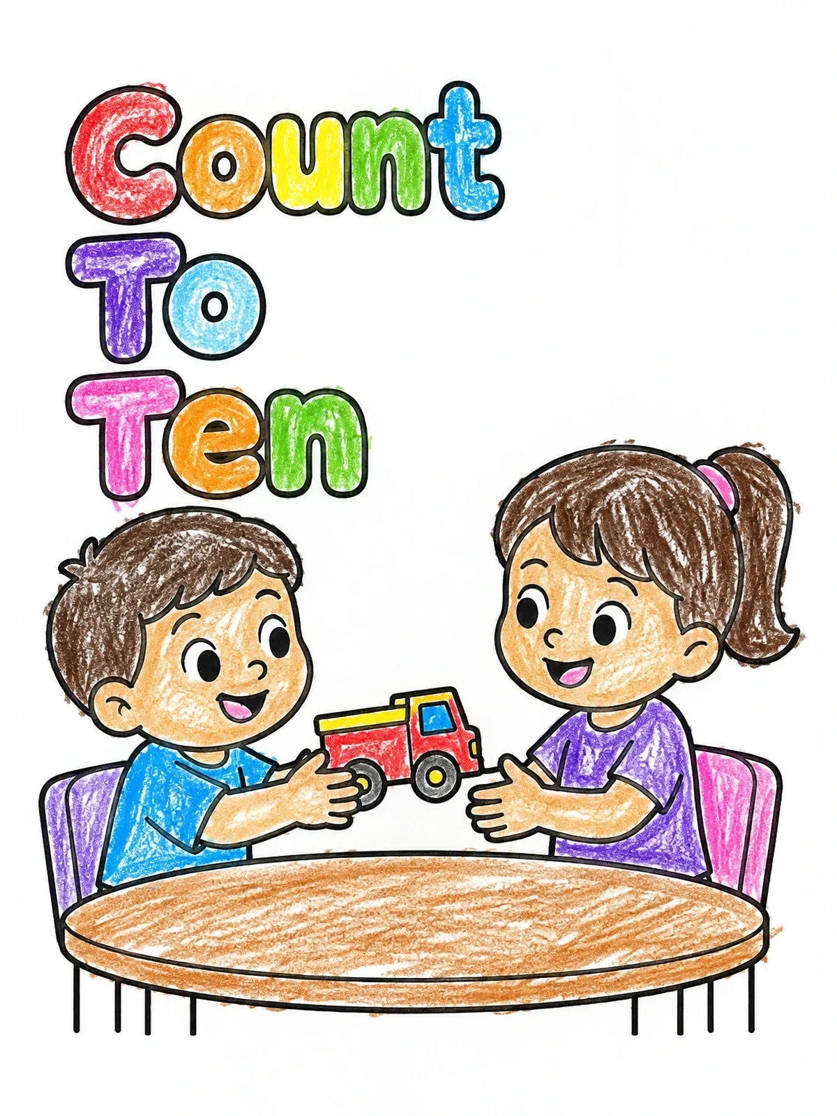Colored example of the Sharing A Toy Truck At The Table coloring page