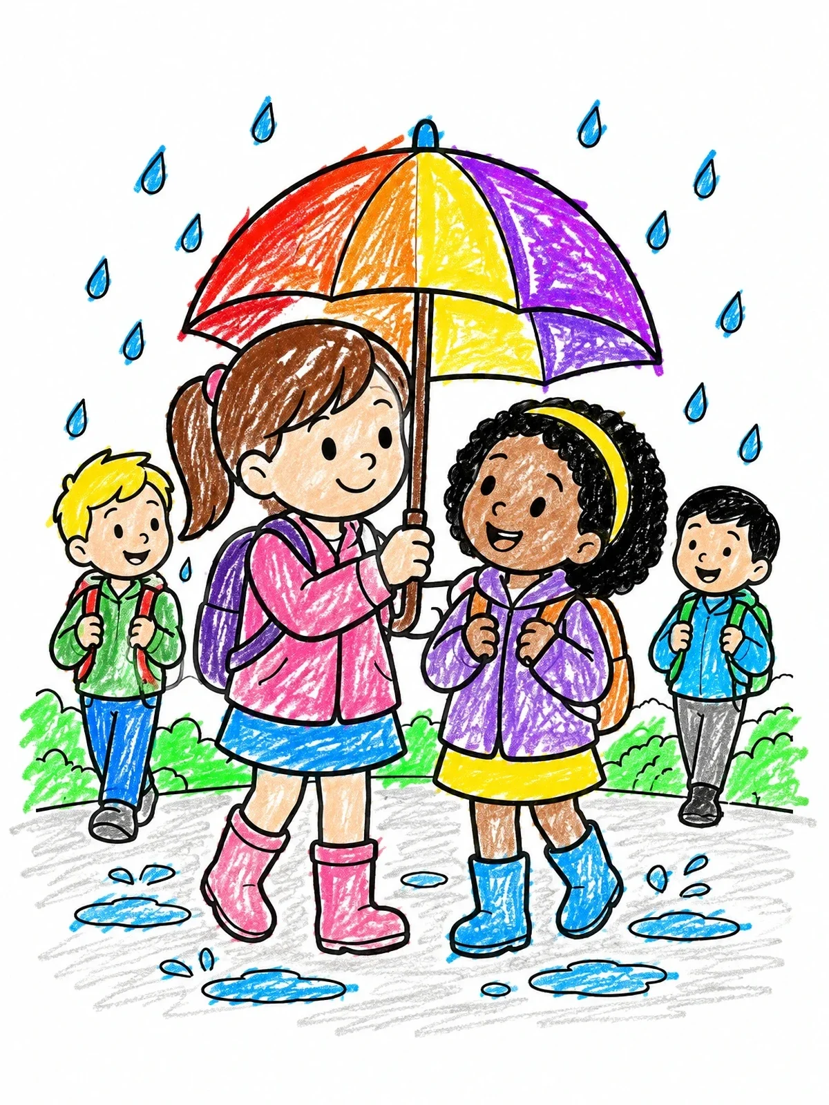 Colored example of the Sharing An Umbrella In The Rain coloring page