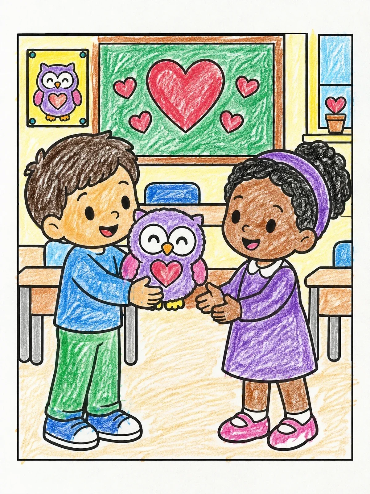 Colored example of the Sharing A Valentine Owl Plush coloring page