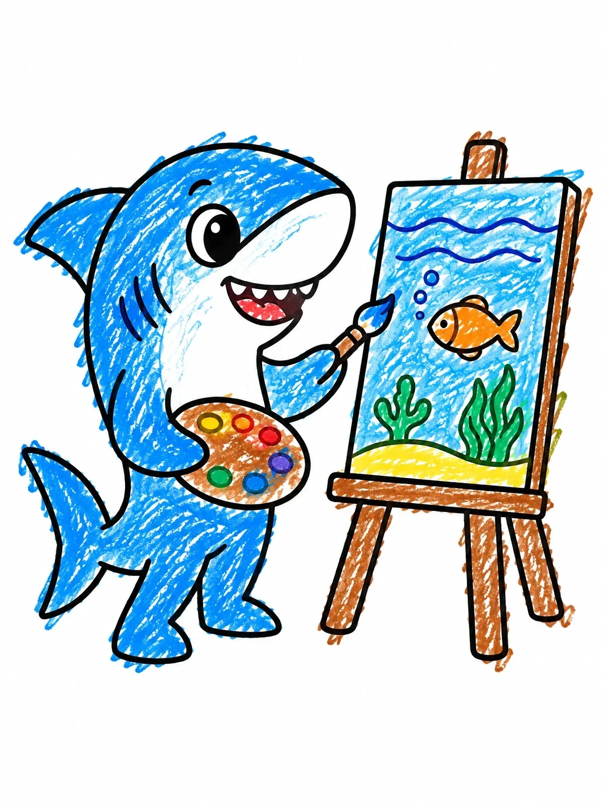 Colored example of the Shark Painting On An Easel coloring page