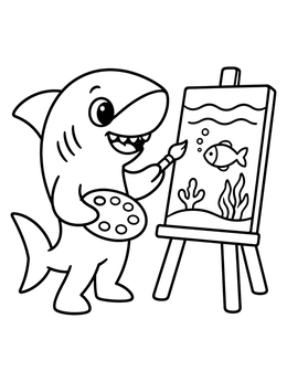 A cheerful cartoon shark coloring page showing the artist painting a small fish on an easel.