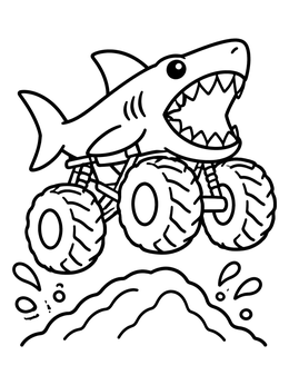 Free printable Shark Monster Truck Jumping Over Dirt coloring page
