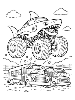 A shark monster truck coloring page showing a truck leaping high above crushed school buses.