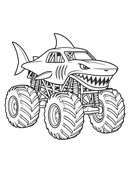 A fierce shark monster truck coloring page with sharp teeth and huge wheels.