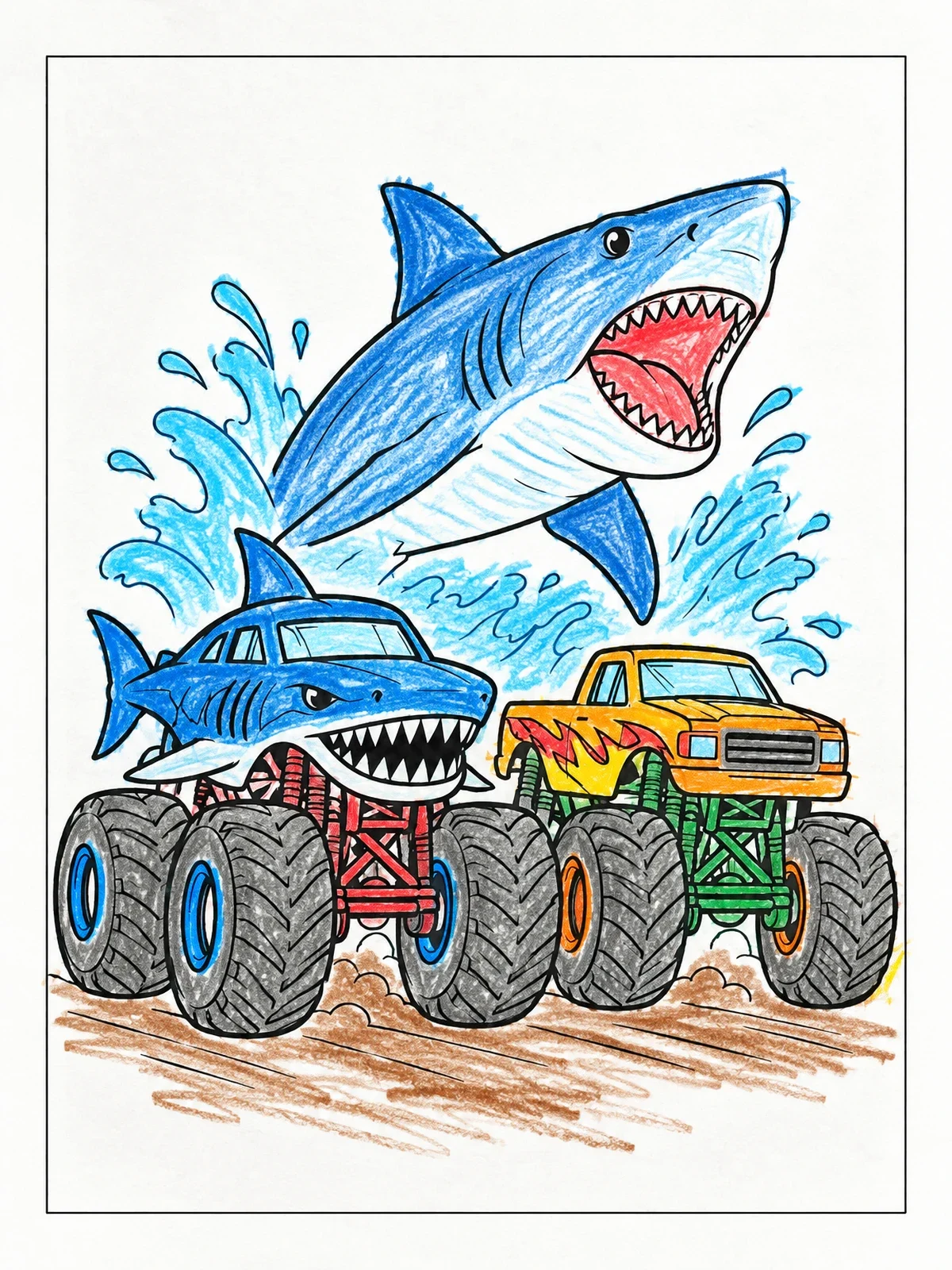 Colored example of the Shark Monster Truck And Leaping Megalodon coloring page