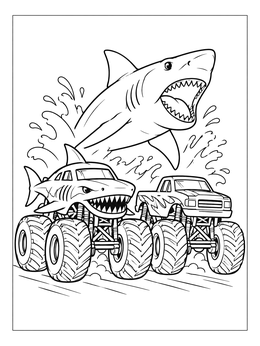 Free printable Shark Monster Truck And Leaping Megalodon coloring page