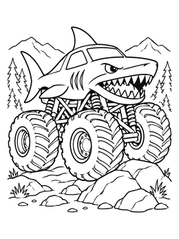 A fierce shark monster truck coloring page driving over rugged rocks in the mountains.