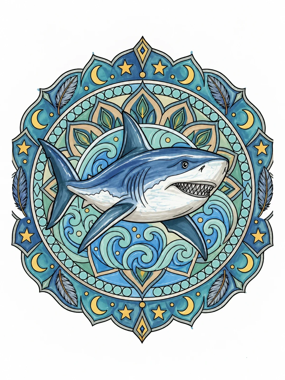 Colored example of the Shark In Ornamental Mandala Frame coloring page