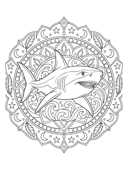 Detailed shark coloring page centered in a circular mandala with stars and feathers.