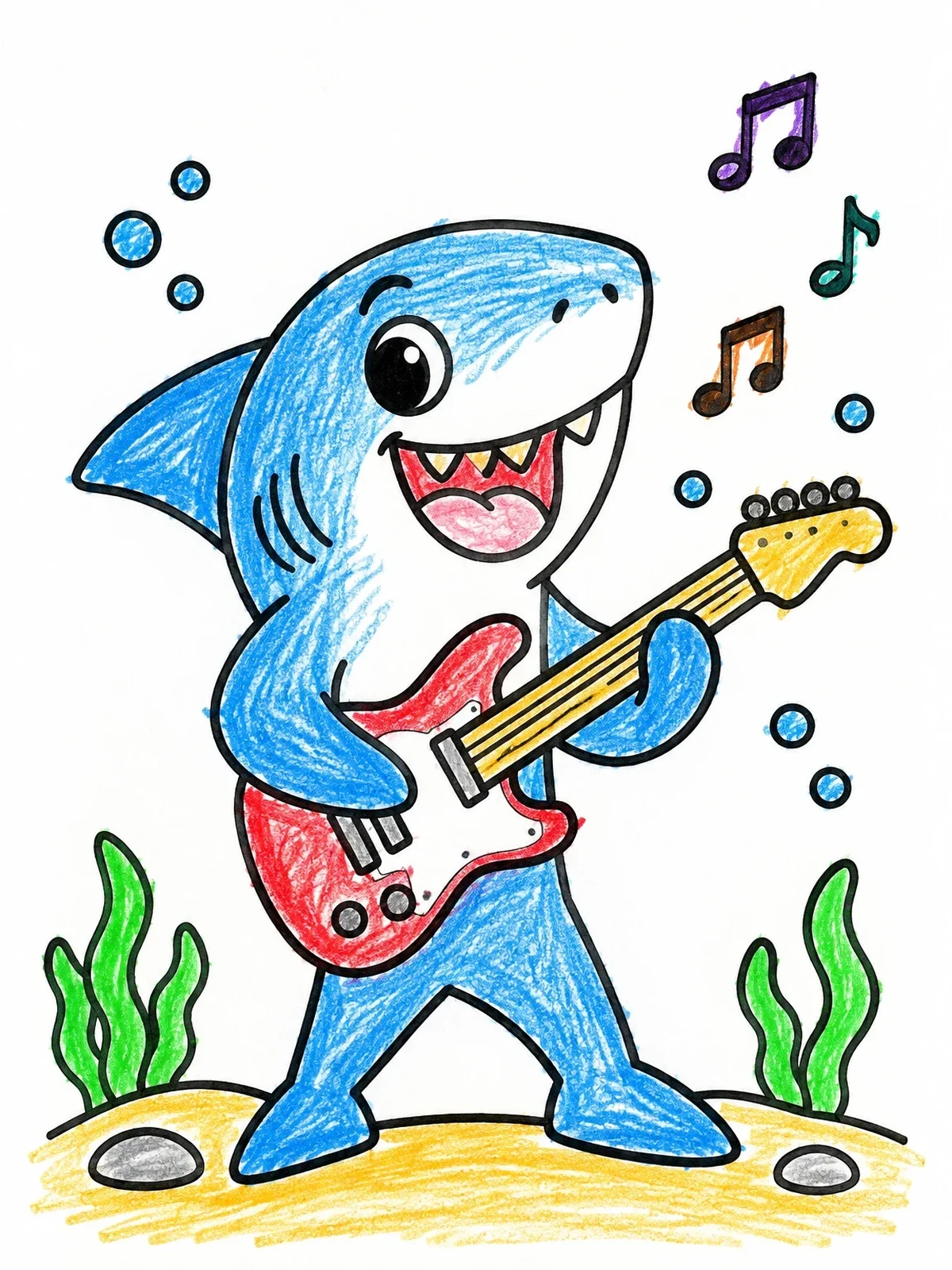 Colored example of the Rockstar Shark Playing Electric Guitar coloring page