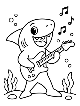 A cheerful rockstar shark coloring page with an electric guitar and musical notes.