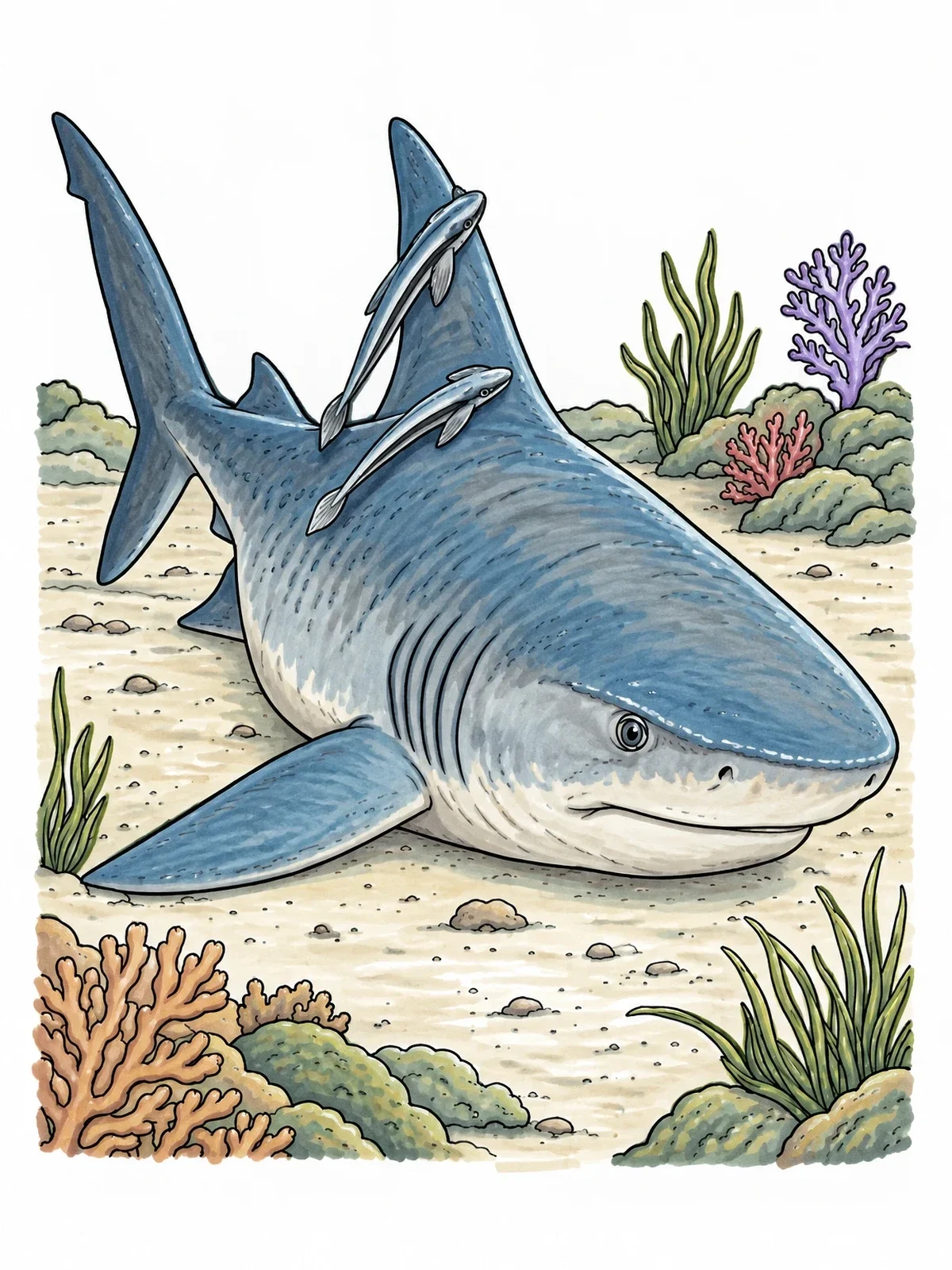 Colored example of the Shark And Remoras On Ocean Floor coloring page