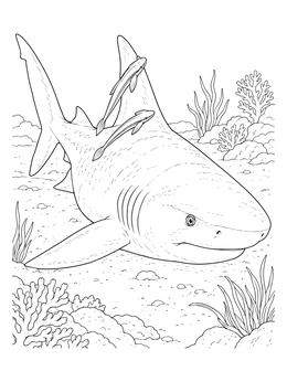 A detailed shark coloring page showing the predator resting near the seabed with attached remora fish.