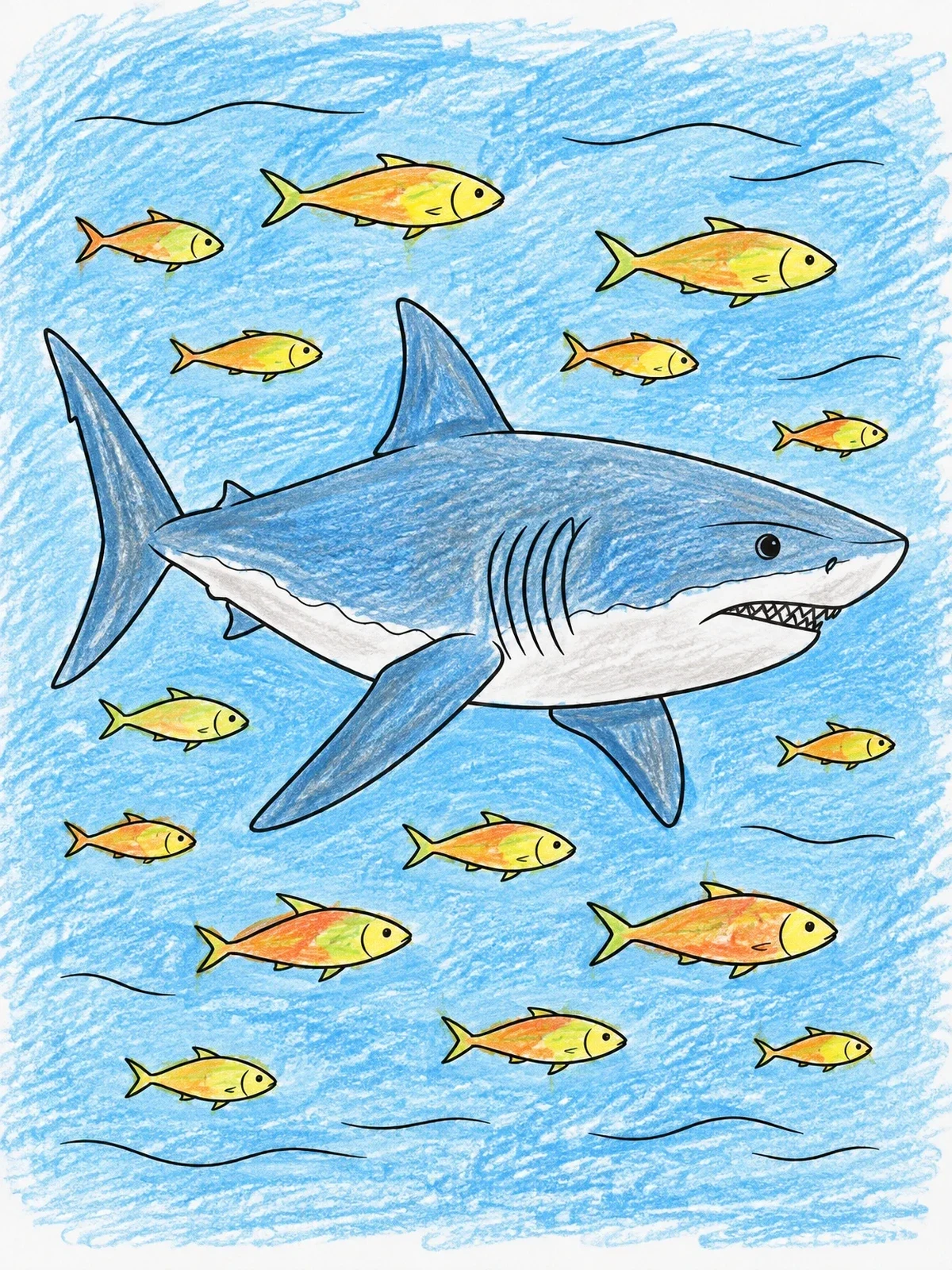 Colored example of the Shark Swimming With School Of Fish coloring page