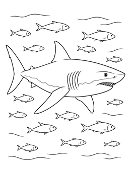 A large shark swimming among smaller fish in this shark coloring page.