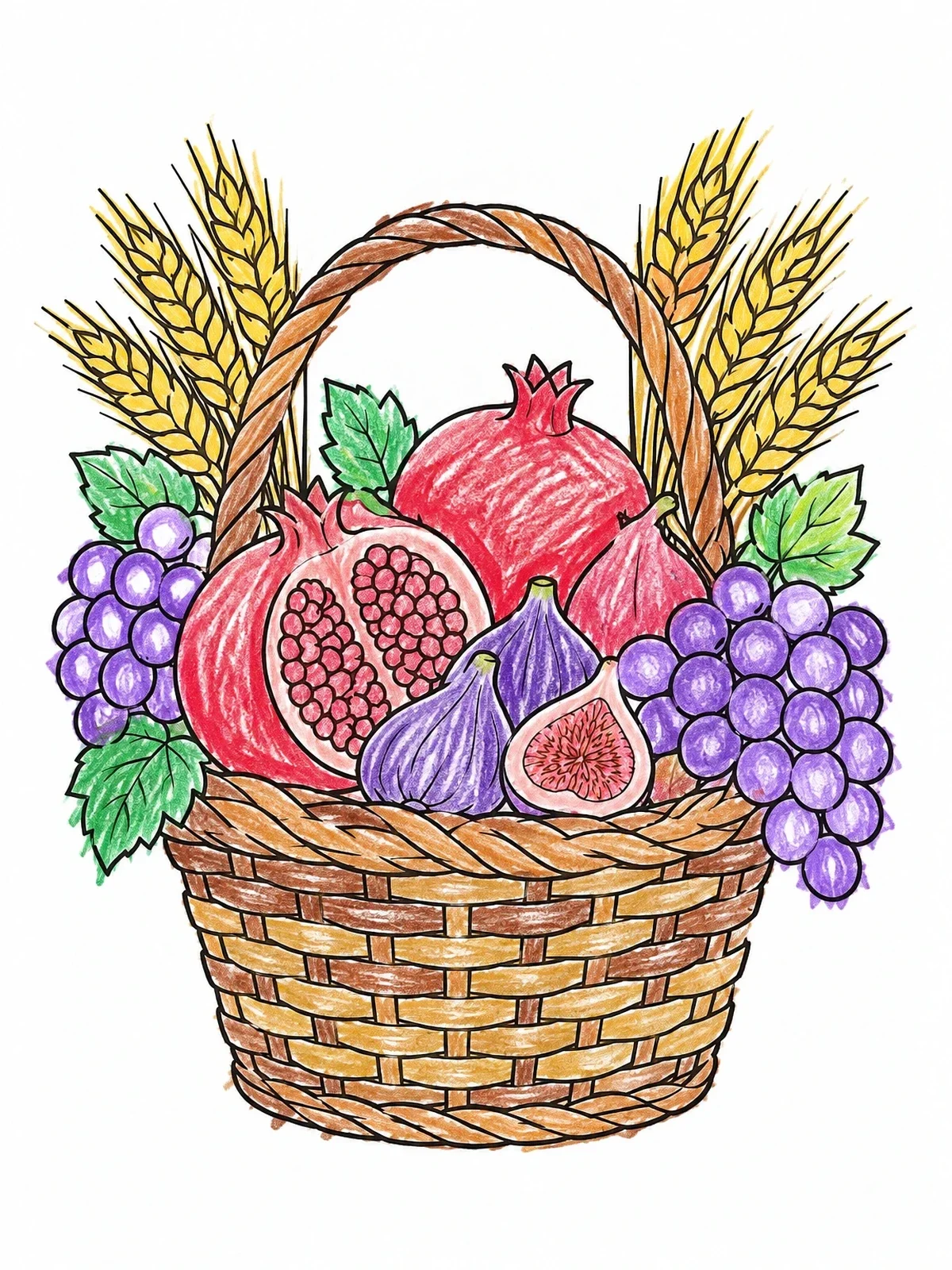 Colored example of the Bikkurim Basket With Seven Species coloring page