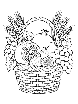 A shavuos coloring page showing a woven basket filled with pomegranates, figs, grapes, and wheat.
