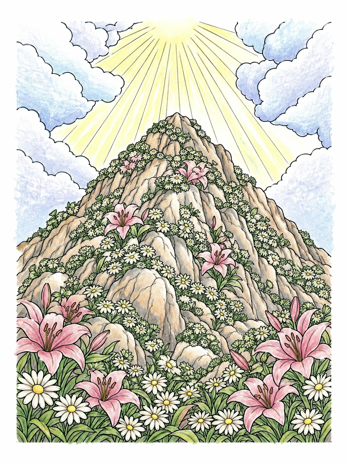 Colored example of the Blooming Mount Sinai Under Radiant Sunbeams coloring page