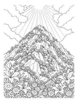 A blooming mountain covered in flowers under the sun in this shavuos coloring page.