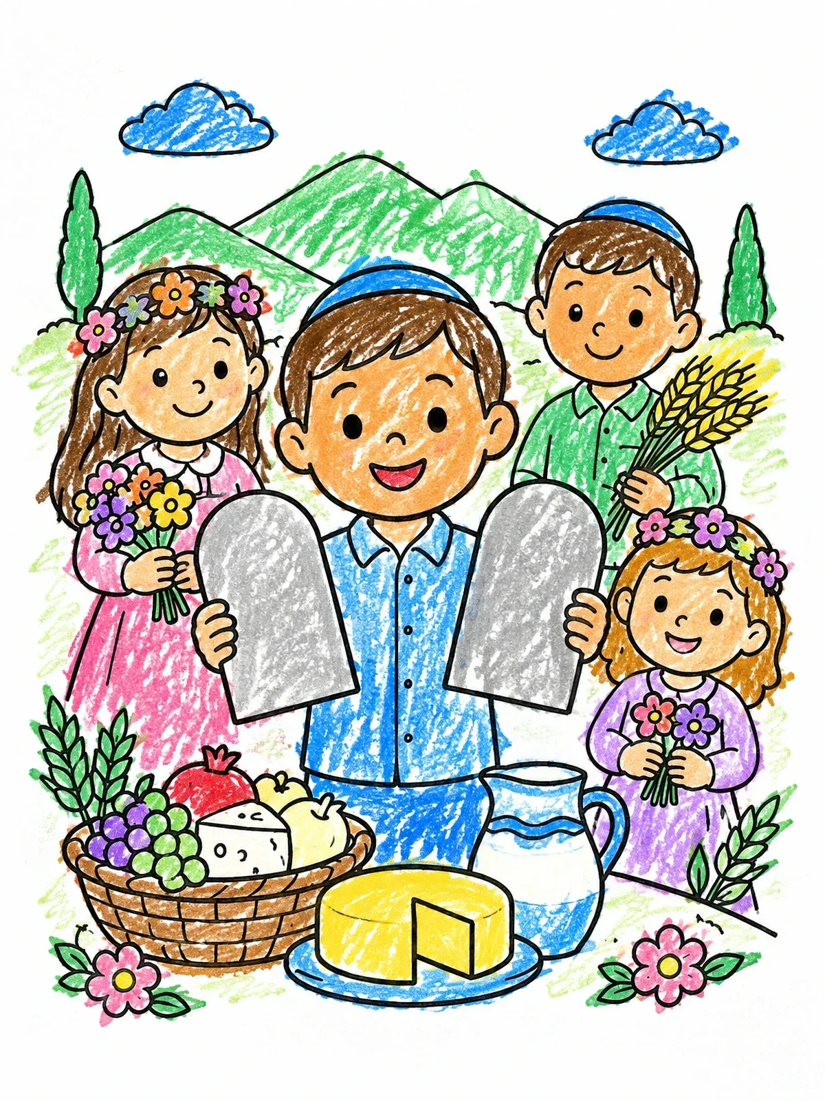 Colored example of the Children Celebrating Shavuot With Tablets coloring page