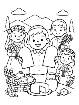 A cheerful boy holds two tablets in this shavuos coloring page with kids, flowers, and dairy treats.
