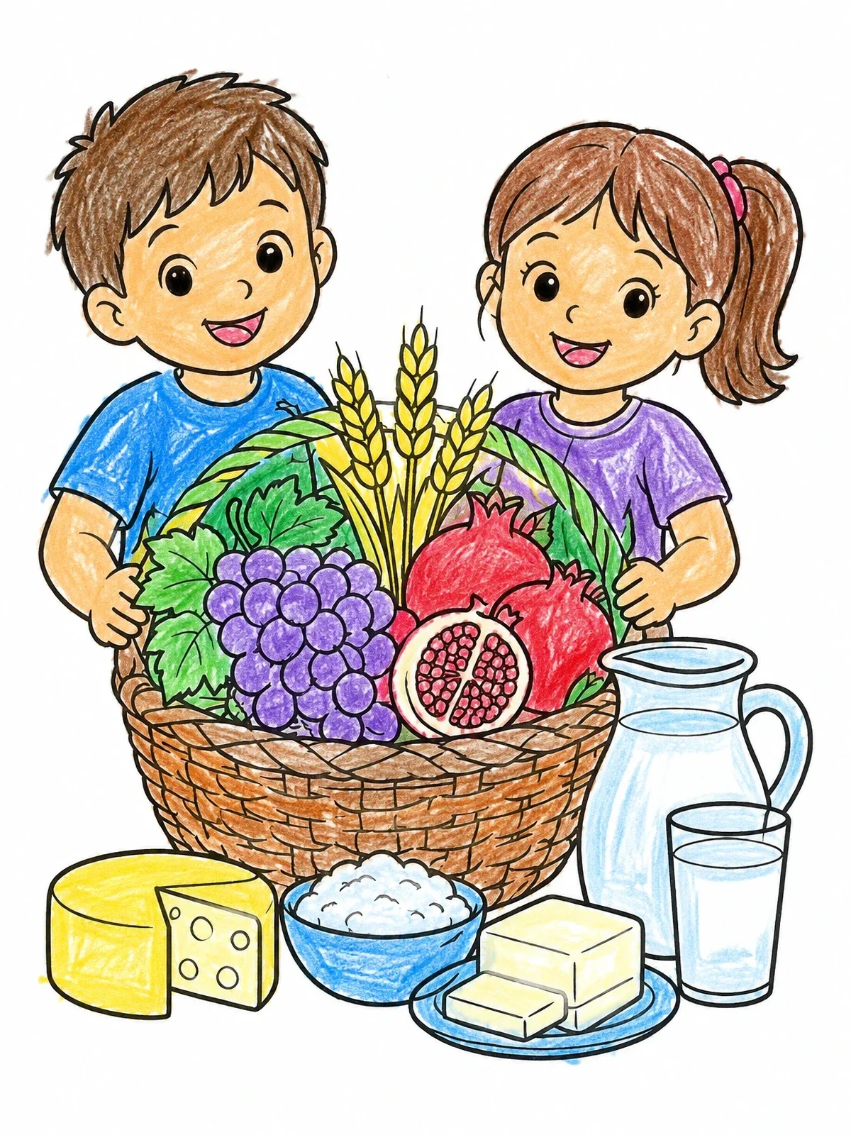 Colored example of the Children With Shavuot Harvest Basket coloring page
