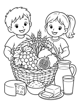 A boy and girl hold a harvest basket with dairy treats in this shavuos coloring page.