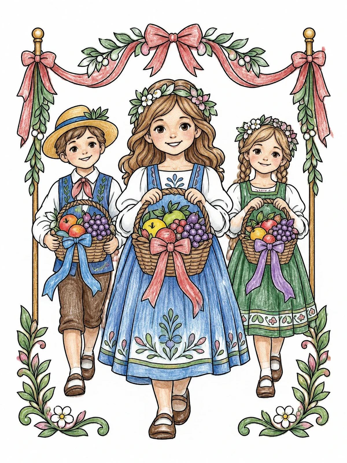 Colored example of the Children Carrying Shavuot Harvest Baskets coloring page