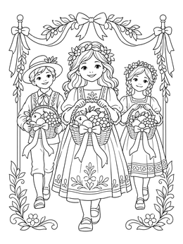 Three children hold fruit baskets in this festive shavuos coloring page.