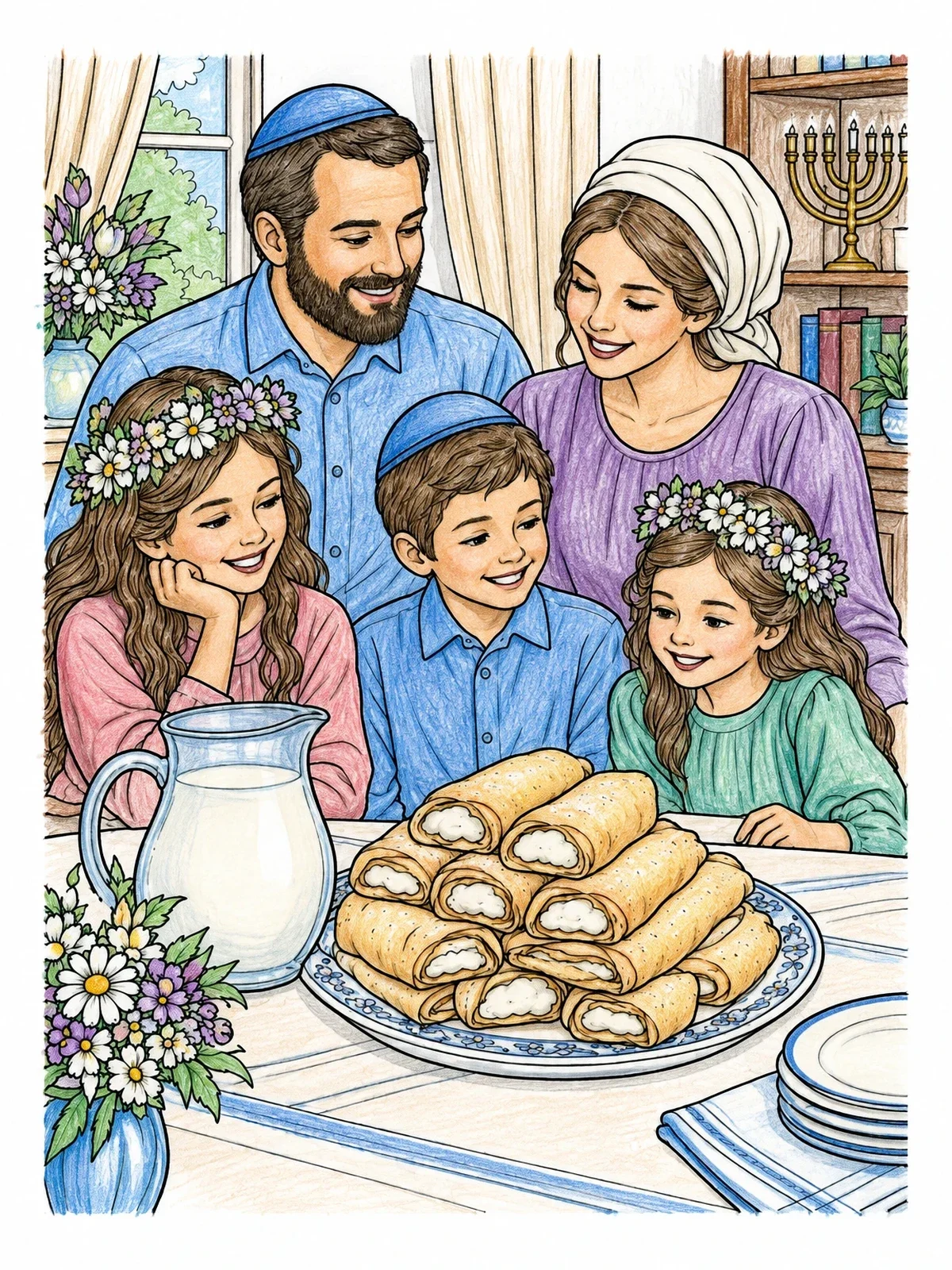 Colored example of the Family Celebrating Shavuot With Blintzes coloring page