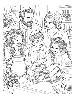 Jewish family admiring sweet blintzes in this detailed shavuos coloring page.
