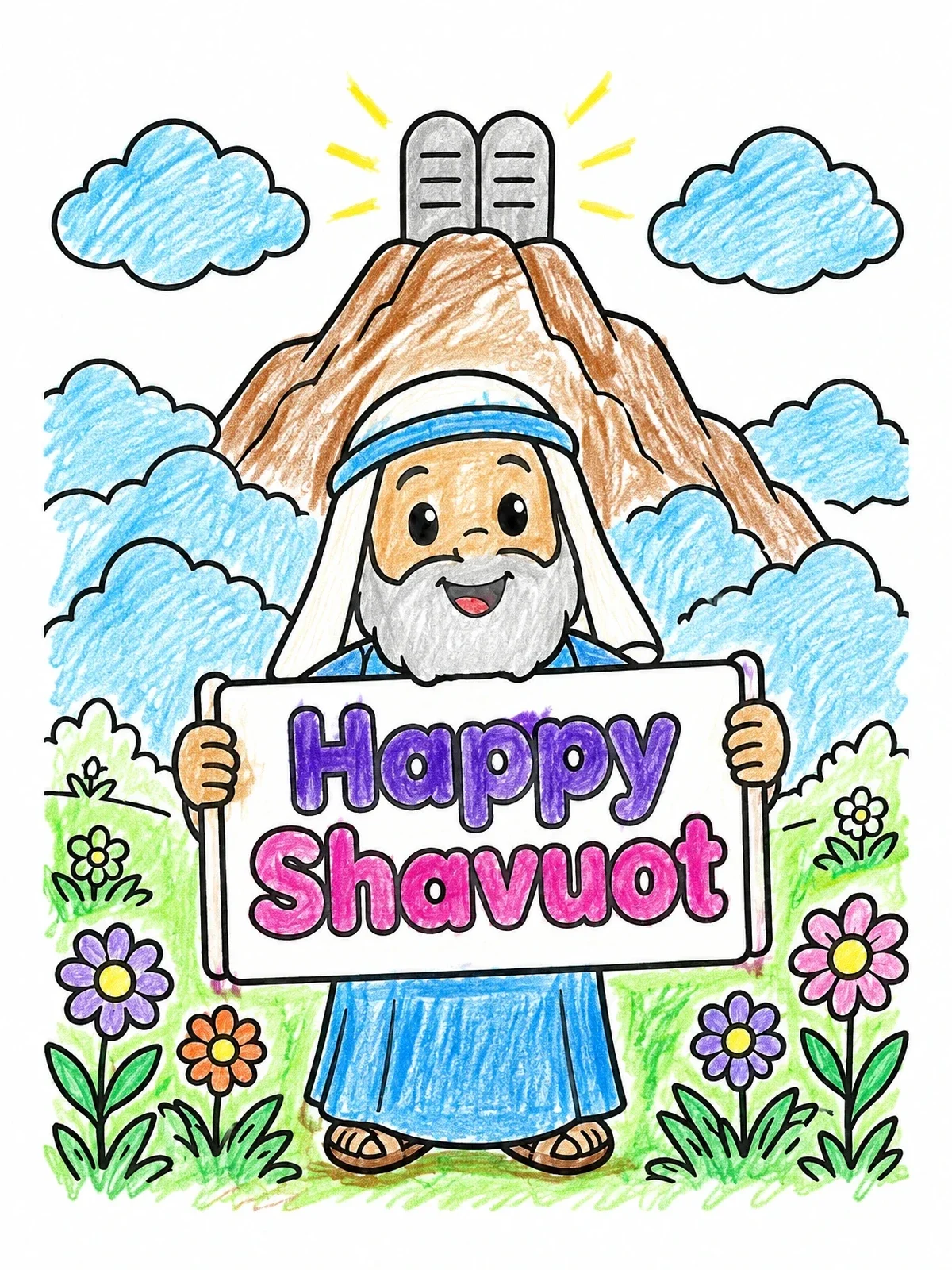 Colored example of the Happy Shavuot With Moses And Mount Sinai coloring page