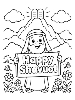 Moses holding a sign in front of Mount Sinai in this shavuos coloring page.