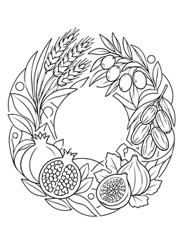 A detailed shavuos coloring page showing a circular wreath of wheat, olives, dates, figs, and pomegranates.