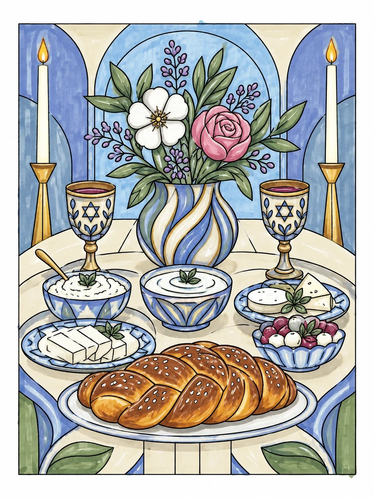 Colored example of the Shavuot Festive Holiday Table coloring page