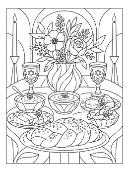 An ornate holiday feast on this shavuos coloring page with challah, dairy dishes, and flowers.