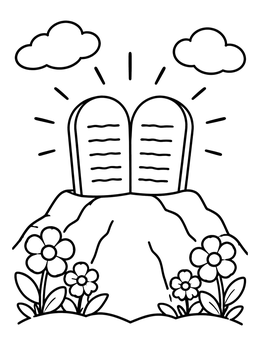 Two shining stone tablets on Mount Sinai in this shavuos coloring page.