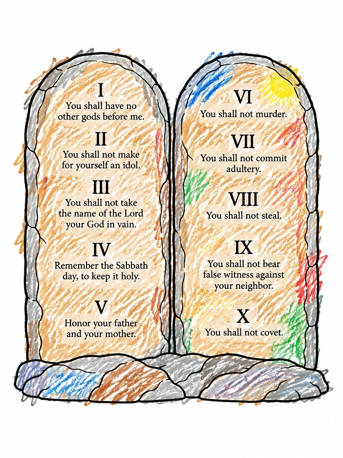 Colored example of the Ten Commandments Stone Tablets coloring page