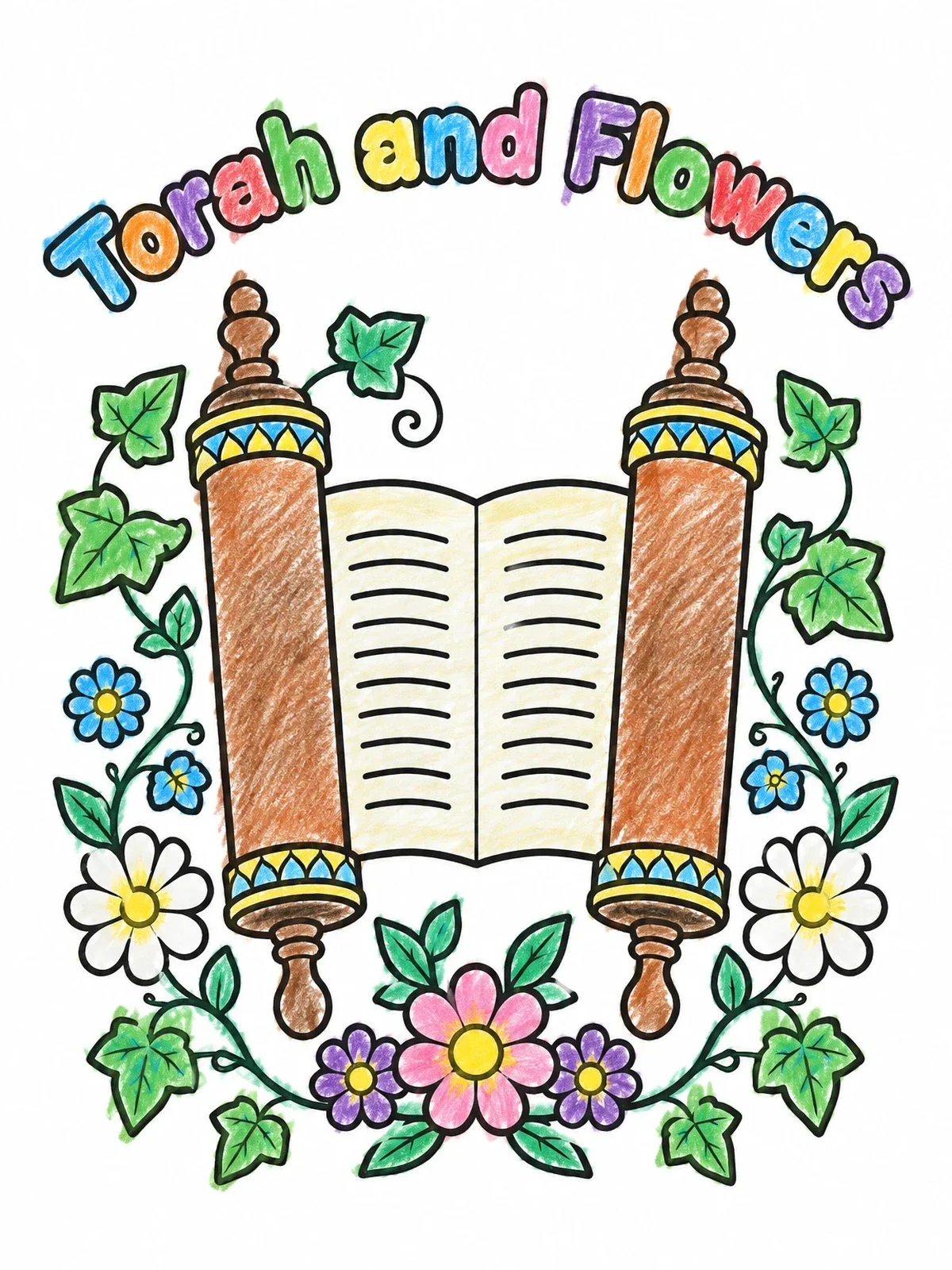 Colored example of the Torah Scroll With Festive Flowers coloring page