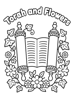 An open Torah scroll surrounded by leaves in this shavuos coloring page.