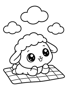 A cute baby lamb rests on a blanket under clouds in this sheep coloring page.
