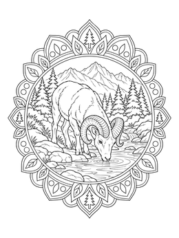 A detailed bighorn sheep coloring page framed by a mandala with pine trees, mountains, and water.