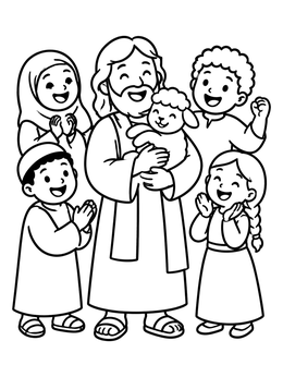 A smiling shepherd holding a lamb surrounded by happy children in this sheep coloring page.