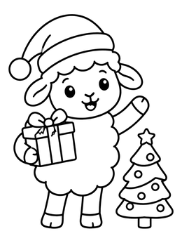 A cheerful sheep coloring page featuring a lamb in a Santa hat holding a Christmas gift.