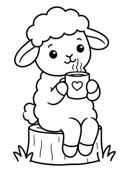 A sheep coloring page of a small lamb sitting on a stump holding a warm cup of tea.