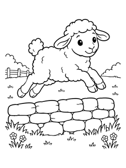 A cheerful sheep coloring page featuring a fluffy lamb leaping over a low stone wall in a meadow.