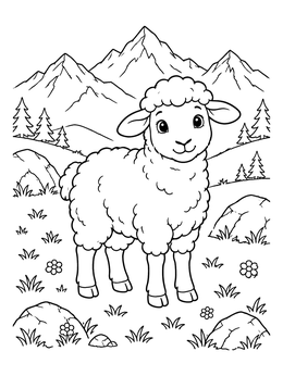 A sheep coloring page featuring a fluffy lamb standing on an alpine mountain meadow.
