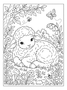 A peaceful lamb resting among flowers on this cute sheep coloring page.