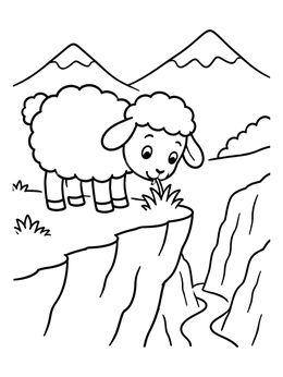 A cute cartoon sheep coloring page eating grass near a steep mountain cliff.